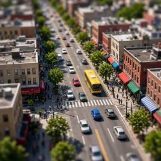 A tilt-shift photograph of a city street making real-life lo
