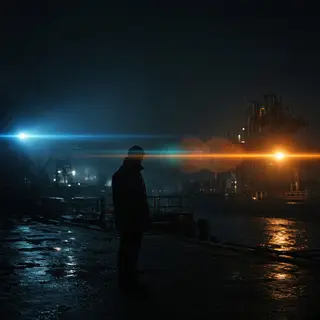 A cinematic frame with blue and orange anamorphic lens flare