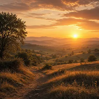 A landscape photograph bathed in golden hour light — long wa