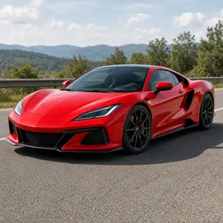 A bright red sports car parked on a gray asphalt road — the 