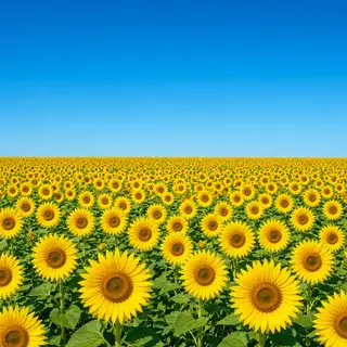 A field of pure sunflower yellow flowers under a clear blue 