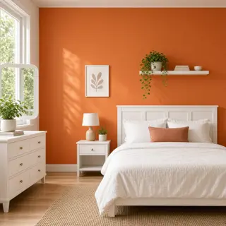 A bedroom wall painted in #FF6B35 (burnt orange) with white 