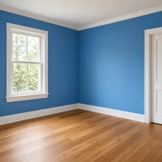A room with walls in #4A90D9 (medium blue) with warm wooden 