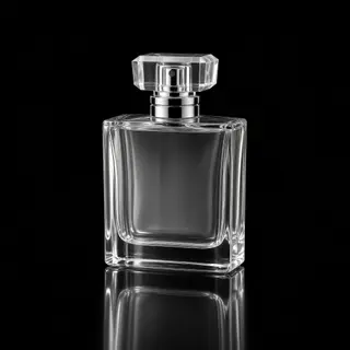A clear glass perfume bottle on a reflective black surface w