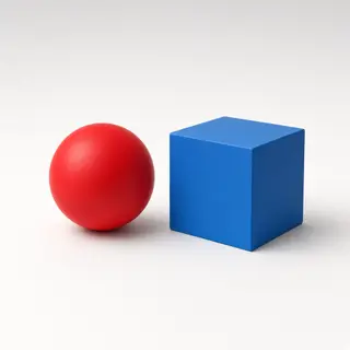 A red ball and a blue cube sitting side by side on a white s