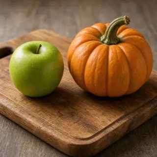 A green apple and an orange pumpkin on a wooden cutting boar