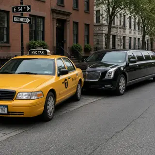A yellow taxi and a black limousine parked next to each othe