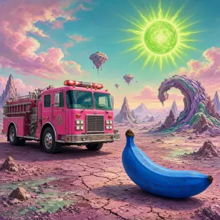 A pink fire truck, a blue banana, and a green sun in a surre