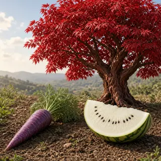 A purple carrot, a red tree with red leaves, and a white wat