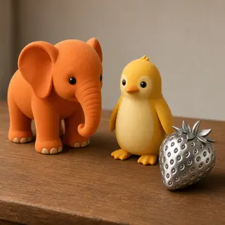 An orange elephant, a yellow penguin, and a silver strawberr
