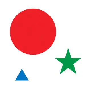A large red circle, a small blue triangle, and a medium gree