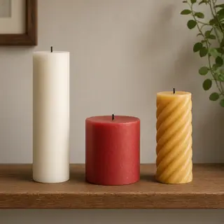 A tall thin white candle, a short fat red candle, and a medi
