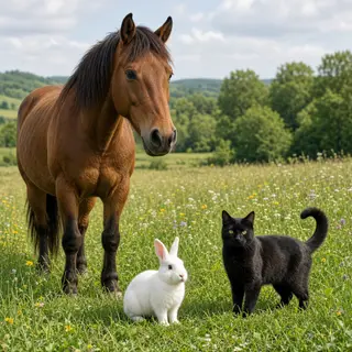 A big brown horse, a small white rabbit, and a medium-sized 