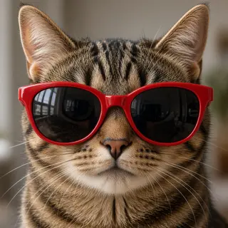 A tabby cat wearing oversized red sunglasses
