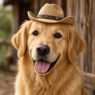 A golden retriever wearing a tiny cowboy hat