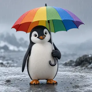A penguin holding a colorful umbrella