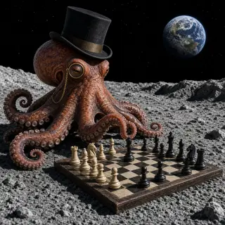 An octopus wearing a top hat and monocle playing chess on th