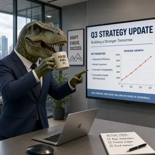 A dinosaur in a business suit giving a PowerPoint presentati