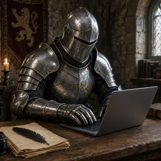 A medieval knight in full armor sitting at a desk typing on 