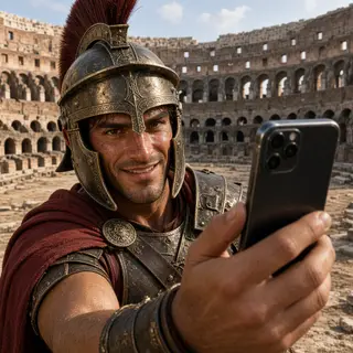 A Roman gladiator taking a selfie with a smartphone in the C