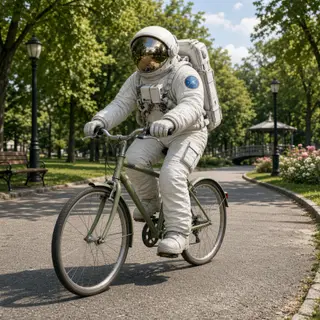 An astronaut in a spacesuit riding a bicycle through a park