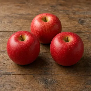 Exactly 3 red apples arranged on a wooden table