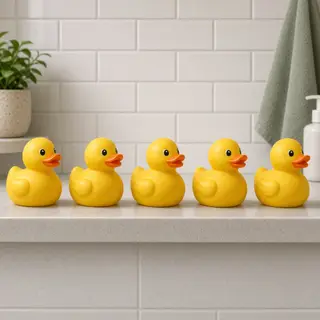 Exactly 5 yellow rubber ducks sitting in a row on a bathroom