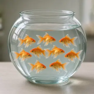 Exactly 9 goldfish swimming in a large round fishbowl