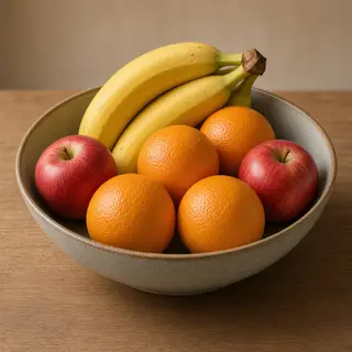 A fruit bowl containing exactly 3 bananas, 4 oranges, and 2 