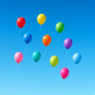 Exactly 11 colorful balloons floating against a clear blue s