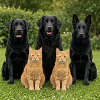 2 orange cats and 3 black dogs sitting together on a grassy 