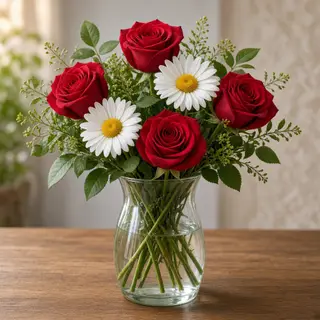 4 red roses and 2 white daisies in a glass vase on a table