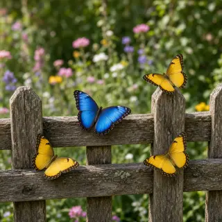1 blue butterfly and 3 yellow butterflies resting on a garde