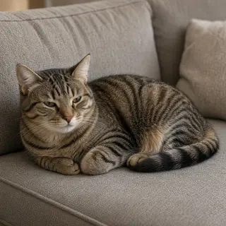 A cat lying on a couch without a collar