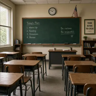 A classroom with desks and a chalkboard but no students