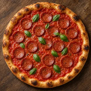 A pepperoni pizza with tomato sauce, basil, and crust but ab