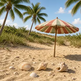 A sandy beach with palm trees, seashells, and a beach umbrel