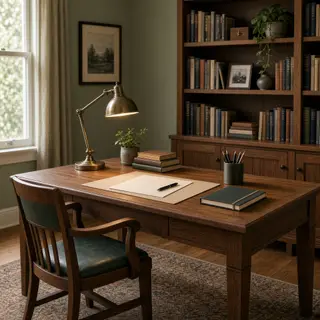 An office workspace with a desk, chair, bookshelf, and lamp 