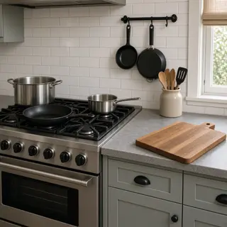 A kitchen with pots, pans, a stove, and a cutting board but 