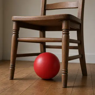 A red ball underneath a wooden chair