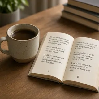 A coffee mug next to an open book on a desk