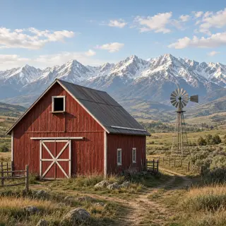 A landscape with a red barn in the foreground at large scale