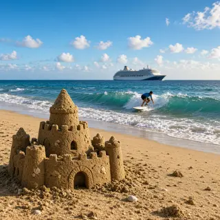 A beach scene with a sandcastle in the foreground, a surfer 
