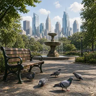 A city park with a park bench and pigeons in the foreground,