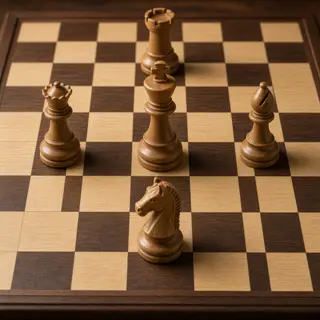 Five chess pieces on a board: a king in the center, a queen 