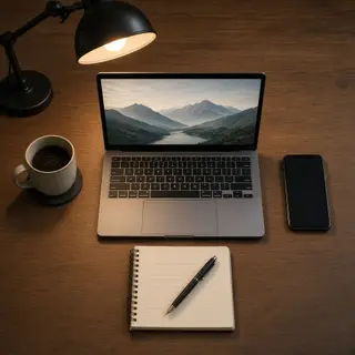 A desk scene: laptop in the center, coffee mug to the left, 