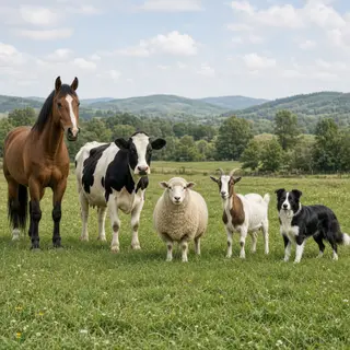 Five animals in a field: a horse on the far left, a cow to t