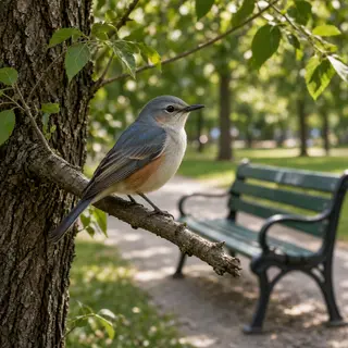A bird perched on a branch, the branch extending from a tree