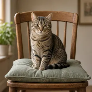 A cat sitting on a pillow, the pillow placed on a wooden cha