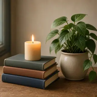 A candle on top of a stack of books, the books next to a pot